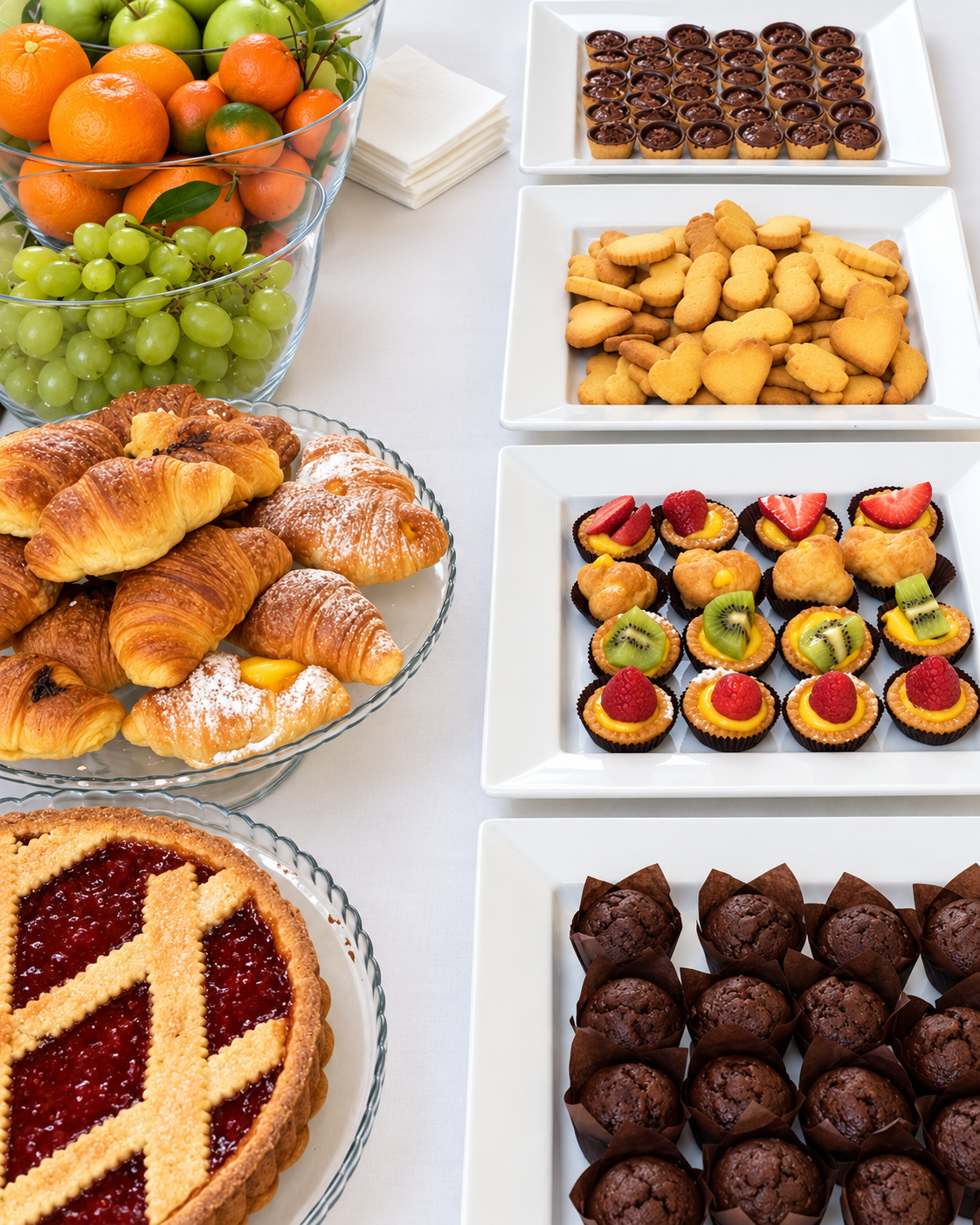Ecco Qua Deluxe: buffet con frutta fresca, croissant, biscotti, pasticcini, crostata e muffin