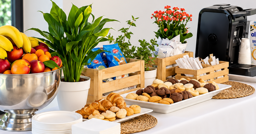 Coffe station con biscotti, frutta e caffetteria